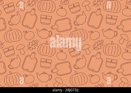 accogliente motivo autunnale senza cuciture con bottiglia d'acqua calda, mela, foglie, bollitore per tè, funghi, icone di cande e zucca bruciate; ideale per sfondi e greetin Illustrazione Vettoriale