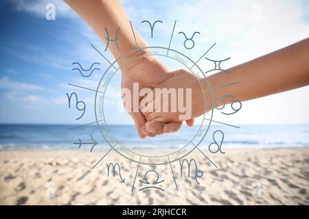 Relazioni e oroscopo. Ruota zodiacale e foto di uomo e donna che si tengono per mano sulla spiaggia, primo piano Foto Stock