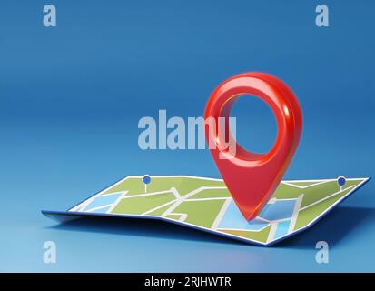Cerca pin di posizione sulla mappa blu di navigazione 3d, sfondo con direzione navigatore indirizzo gps Foto Stock