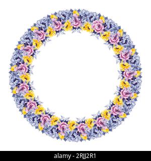 Ghirlanda con lilla viola e fiori gialli al limone, foglie verdi e rami in stile acquerello vintage. Frame del cerchio vettoriale Illustrazione Vettoriale