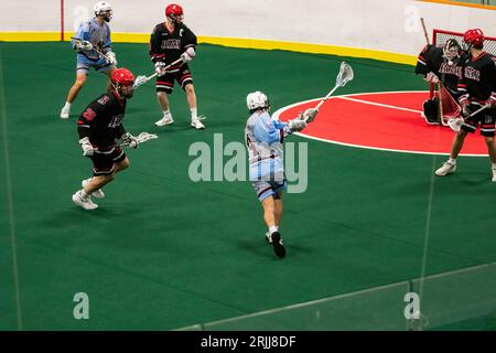 Edmonton, Canada. 20 agosto 2023. Calgary Mountaineers (blu/grigio) Nathan Lam (14) spara un colpo al portiere Burlington Blaze (nero/rosso) Deacon Knott (26) in Minto Cup Day 2 azione tra Calgary Mountaineers e Burlington Blaze alla Bill Hinter Arena.(L a destra (9) Connor Cook, (20) Owen Tasse, (6) Andrew Vrandenberg, (14) Nathan Lam, (30) Deacon Knott Calgary Mountaineers vs Burlington Blaze, 6:8 (foto di Ron Palmer/SOPA Images/Sipa USA) credito: SIPA USA/Alamy Live News Foto Stock