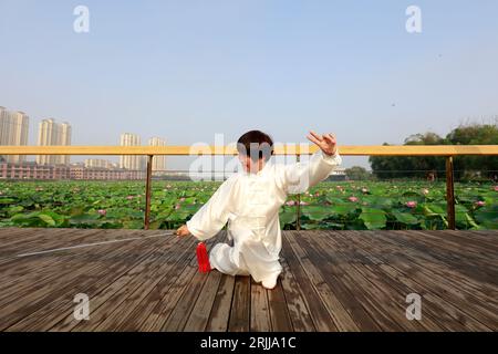 CONTEA DI LUANNAN, Cina - 7 giugno 2018: Lady in white sta praticando la spada Taiji su una piattaforma di legno nel parco, CONTEA DI LUANNAN, provincia di Hebei, Cina Foto Stock