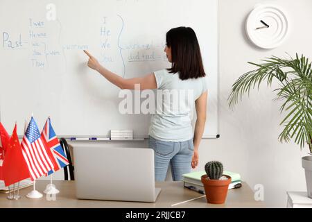 Insegnante di inglese che tiene lezioni di grammatica online in classe Foto Stock