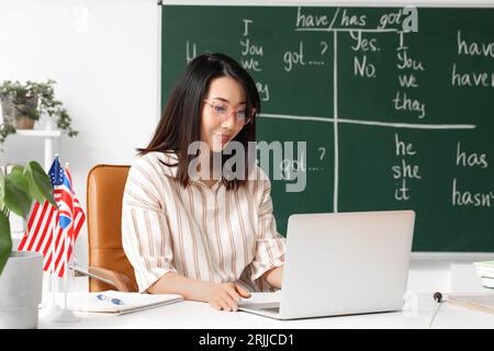 Insegnante di inglese che tiene lezioni di grammatica online in classe Foto Stock