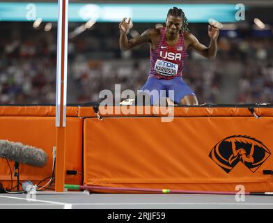 Budapest, Ungheria. 22 agosto 2023. JuVaughn Harrison degli Stati Uniti reagisce durante la finale maschile di salto in alto dei Campionati mondiali di atletica leggera Budapest 2023 a Budapest, in Ungheria, 22 agosto 2023. Crediti: Wang Lili/Xinhua/Alamy Live News Foto Stock