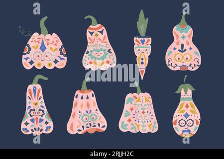 Zucche di Halloween Clipart con illustrazioni messicane in stile teschio di zucchero. Carta dia de los Muertos, decorazione, adesivi, carta. Illustrazione Vettoriale