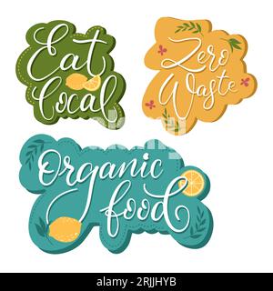 Adesivi con scritte su cibo locale e zero sprechi Illustrazione Vettoriale