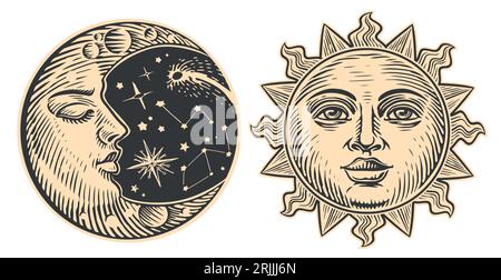 Sole e Luna con faccia. Concetto giorno e notte. Illustrazione vettoriale d'epoca disegnata a mano stile di incisione astrologica Illustrazione Vettoriale