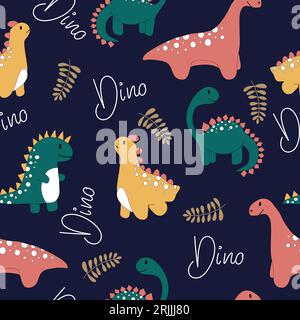 Modello senza cuciture con dinosauri e scritte. Illustrazione Vettoriale