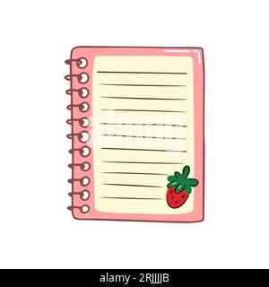 Blocco note vuoto con una graziosa fragola. Articoli di cancelleria disegnati a mano. Illustrazione del disegno vettoriale isolata su sfondo bianco. Illustrazione Vettoriale