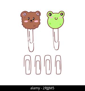 Set di graffette kawaii con orso e testa di rana. Articoli di cancelleria disegnati a mano. Illustrazione del disegno vettoriale isolata su sfondo bianco. Illustrazione Vettoriale
