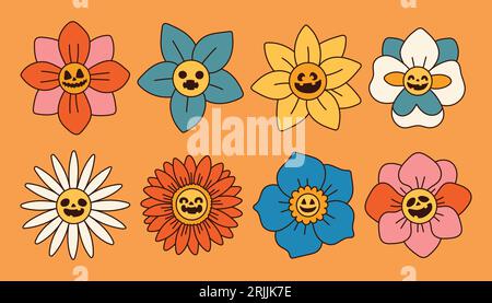 Retro anni '60 anni '70 strano Spooky jack o lanterna fiori a margherita groovy illustrazione vettoriale isolato. Stampa per il design della T-shirt. Illustrazione Vettoriale