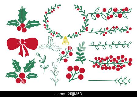 ghirlanda verde di Christnas, cornice, bordo e decorazioni con fiocco, frutti di bosco, foglie in stile doodle isolate su sfondo bianco. Semplice decorazione invernale disegnata a mano. Illustrazione vettoriale Illustrazione Vettoriale