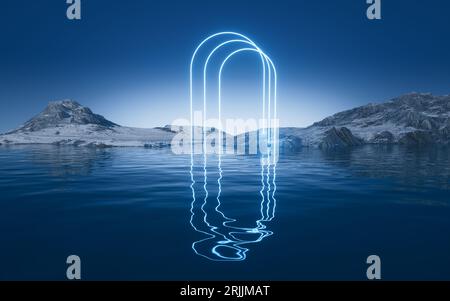 Linee luminose e superficie dell'acqua, rendering 3D. Disegno digitale. Foto Stock