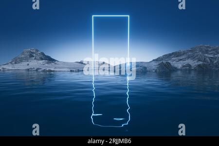 Linee luminose e superficie dell'acqua, rendering 3D. Disegno digitale. Foto Stock