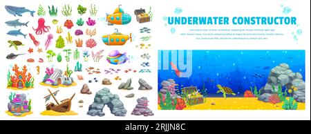 Kit per costruttore di paesaggi subacquei. Animali da cartoni animati, alghe marine, sottomarini e case da favola. Banchi di pesci tropicali vettoriali, polpi, balena, squalo A. Illustrazione Vettoriale