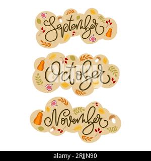 Nomi calligrafici scritti a mano dei mesi autunnali. Illustrazione Vettoriale