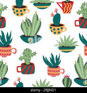 Motivo senza cuciture con cactus colorati nelle tazze. Illustrazione Vettoriale