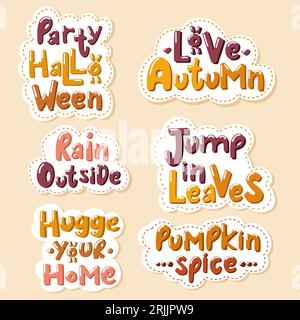 Set di adesivi per lettere disegnati a mano sull'autunno. Illustrazione Vettoriale