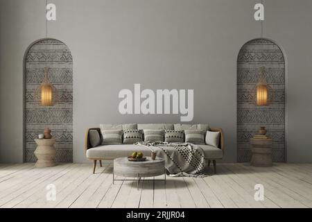 Design minimalista degli interni su sfondo ad arco. Concetto di wall mockup, rendering 3d. Foto Stock