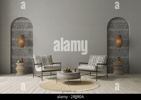 Design minimalista degli interni su sfondo ad arco. Concetto di wall mockup, rendering 3d. Foto Stock