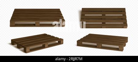 Vettore isolato frontale pallet 3d in legno marrone scuro su sfondo trasparente. Apparecchiature di stoccaggio standard per le attività di merchandising e consegna diverse design realistico per la pubblicità Illustrazione Vettoriale