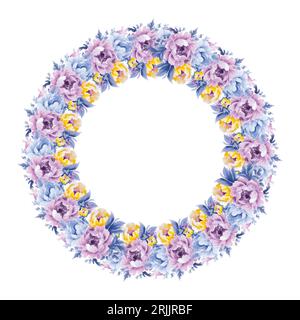 Ghirlanda con lilla viola e fiori gialli al limone, foglie verdi e rami in stile acquerello vintage. Frame del cerchio vettoriale Illustrazione Vettoriale