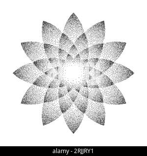 Sfondo floreale stipplato. Mandala con ornamenti punteggiati. Forma a stella granulosità. Decorazione astratta con petali floreali neri. Motivo radiale Dotwork per tatuaggi, poster, abiti, badge, adesivi. Vettore Illustrazione Vettoriale