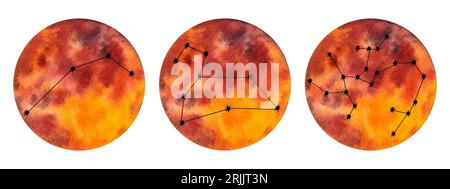 Elementi di fuoco astrologici segni zodiacali. Set di icone oroscopo: aries leo sagittarius. Disegnare a mano l'illustrazione dell'acquerello isolata. Per logo, calendario Foto Stock