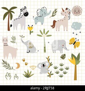 Simpatica collezione di animali della giungla disegnati a mano. Illustrazione vettoriale in stile scandinavo. Illustrazione Vettoriale