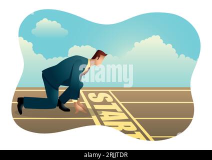 Vettore di affari di un uomo d'affari pronto a sprint sulla linea di partenza. Inizio della carriera, concetto di business Illustrazione Vettoriale