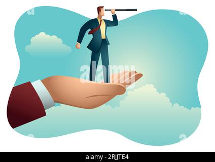 Illustrazione del vettore di affari di una mano che tiene un uomo d'affari usando telescopio Illustrazione Vettoriale