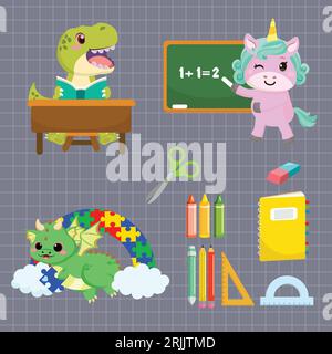 Torna a scuola. Carini set di animali da cartoni animati. Illustrazione vettoriale. Illustrazione Vettoriale