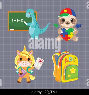 Torna a scuola. Carini set di animali da cartoni animati. Illustrazione vettoriale. Illustrazione Vettoriale