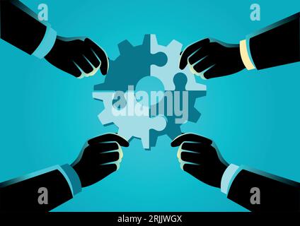 Business concept vettoriale illustrazione di mani di persone diverse assemblare puzzle formare un ingranaggio, aiuto, supporto, lavoro di squadra, concetto di soluzione. Illustrazione Vettoriale