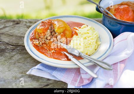 Peperoni ripieni con carne macinata e riso in salsa di pomodoro con purè di patate. Cucina tradizionale europea Foto Stock