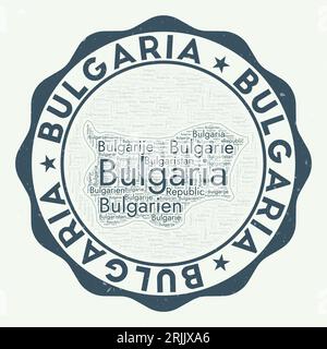 Logo della Bulgaria. Bellissimo distintivo con nuvola di parole a forma di Bulgaria. Emblema rotondo con il nome del paese. Eccezionale illustrazione vettoriale. Illustrazione Vettoriale