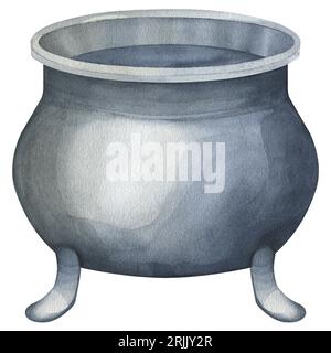 Calderone acquerello con pozione di Halloween. Scuola di magia e sabato delle streghe. Illustrazione ad acquerello isolata disegnata a mano su sfondo bianco. stampa Foto Stock