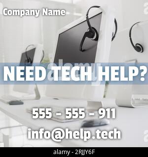 Testo di assistenza tecnica composto da computer e cuffie Foto Stock