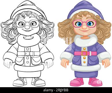 Una donna gioiosa vestita come un personaggio dei cartoni animati viola di Babbo Natale Illustrazione Vettoriale