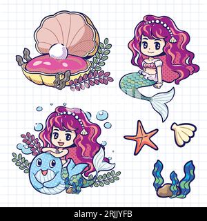 Motivo senza cuciture con graziose sirene e conchiglie marine Illustrazione Vettoriale