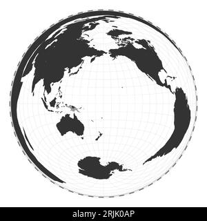 Mappa vettoriale del mondo. Proiezione azimutale Lambert a superficie uguale. Mappa geografica del mondo pianeggiante con linee di latitudine e longitudine. Centrato a 180 gradi longitudinali Illustrazione Vettoriale