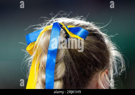 Budapest, Ungheria. 22 agosto 2023. Atletica leggera: Campionato del mondo, 400 m ostacoli, donne, semifinali, al National Athletics Center. Anna Ryzhykova (Ucraina) è al via. Crediti: Sven Hoppe/dpa/Alamy Live News Foto Stock