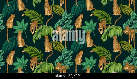 Motivo tropicale senza cuciture con leopardi e foglie di palma verdi. Tappezzeria con superficie vettoriale della giungla estiva disegnata a mano. Illustrazione Vettoriale