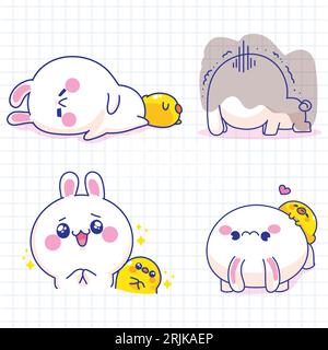 Set di simpatici conigli da cartoni animati. Illustrazione vettoriale su una pagina del notebook. Illustrazione Vettoriale