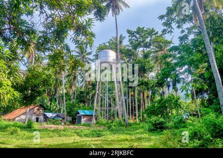 Una nuova torre di stoccaggio dell'acqua collegata a un pozzo profondo, alimentata da un generatore all'interno di un piccolo capannone, in una zona rurale dell'isola di Mindoro nelle Filippine, Foto Stock