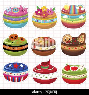 Diversi cupcake cartoni animati. Deliziosa collezione di muffin. Illustrazione Vettoriale