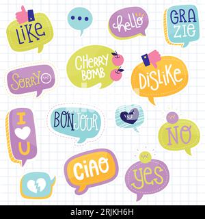 Set di fumetti colorati in stile doodle. Illustrazione vettoriale. Illustrazione Vettoriale