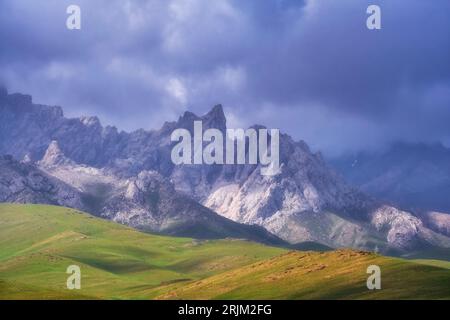 Pointed stone peaks in the dolomite mountains, on a spring day in the Kelinshyktau Mountains, the Karatau massif in the south of Kazakhstan in the Tur Stock Photo