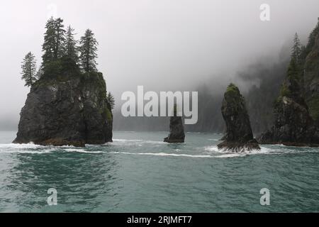 Una scena tranquilla con un corpo d'acqua, con un gruppo di rocce in primo piano e una fila di alberi sullo sfondo Foto Stock